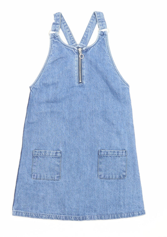 Denim & Co. Girls Blue Cotton Pinafore/Dungaree Dress Size 9-10 Years Round Neck Button
