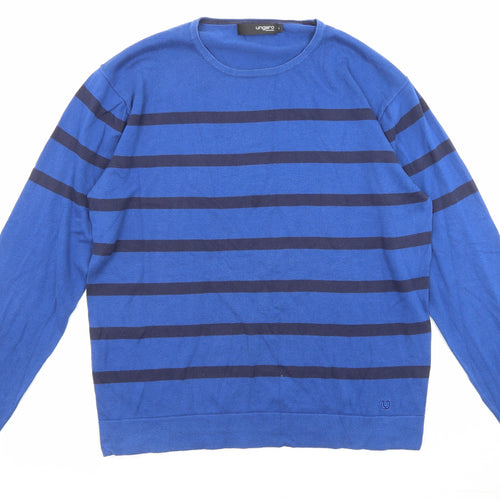 Ungaro Mens Blue Round Neck Striped Cotton Pullover Jumper Size L Long Sleeve