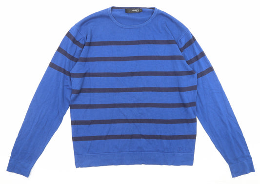 Ungaro Mens Blue Round Neck Striped Cotton Pullover Jumper Size L Long Sleeve
