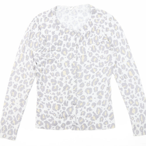 Gap Womens Grey Round Neck Animal Print Cotton Cardigan Jumper Size M - Leopard Print