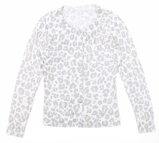 Gap Womens Grey Round Neck Animal Print Cotton Cardigan Jumper Size M - Leopard Print
