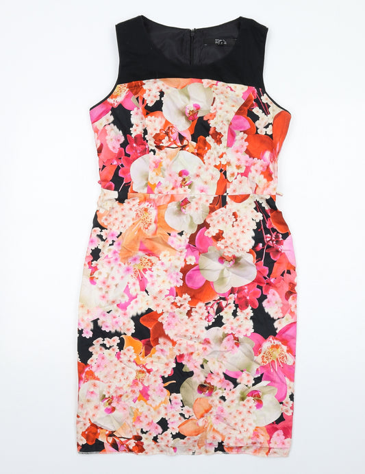 Julien Macdonald Womens Multicoloured Floral Cotton Shift Size 14 Round Neck Zip