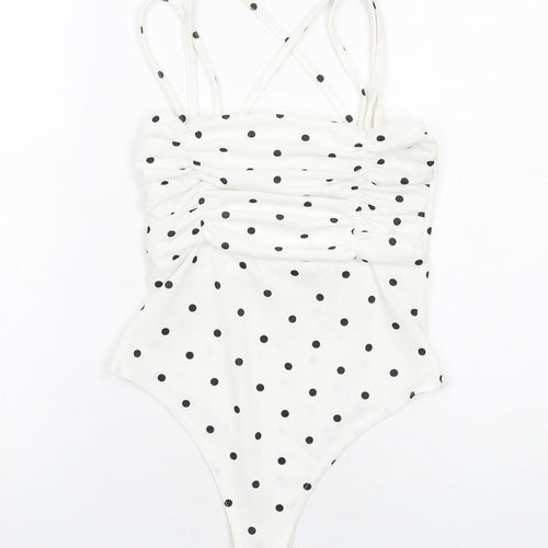 PRETTYLITTLETHING Womens White Polka Dot Polyester Bodysuit One-Piece Size 8 Snap