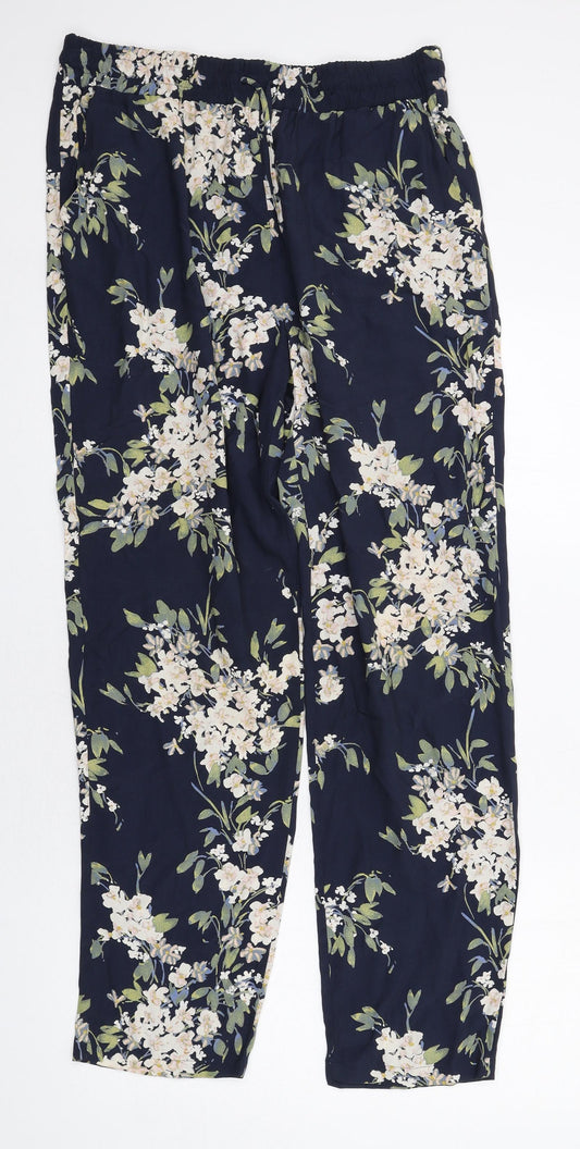 Marks and Spencer Womens Blue Floral Viscose Trousers Size 14 Regular Drawstring