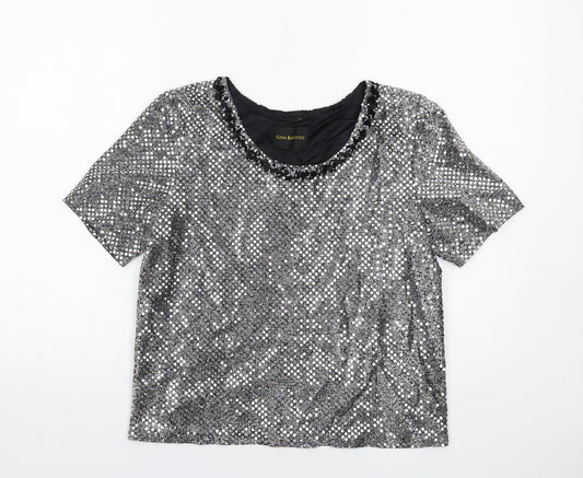 Gina Bacconi Womens Silver Polyamide Basic T-Shirt Size 10 Round Neck