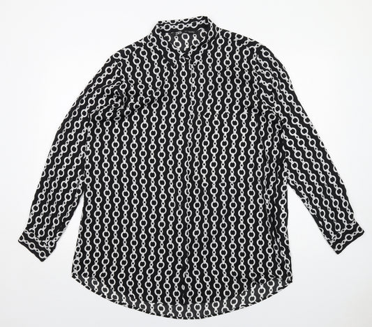 Zara Womens Black Geometric Polyester Basic Button-Up Size XL Collared