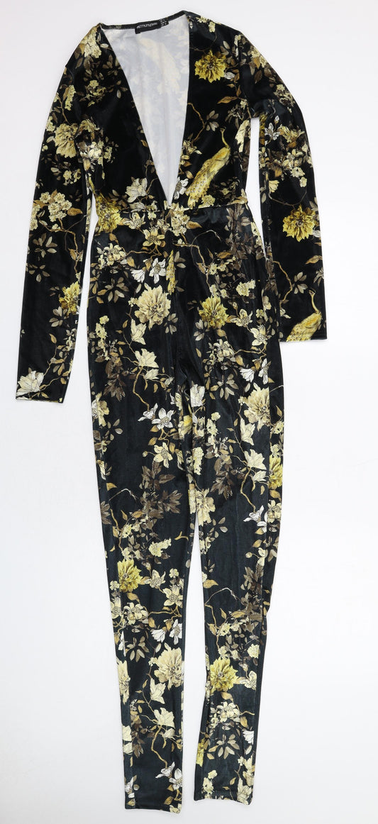 PRETTYLITTLETHING Womens Black Floral Polyester Jumpsuit One-Piece Size 6 Pullover