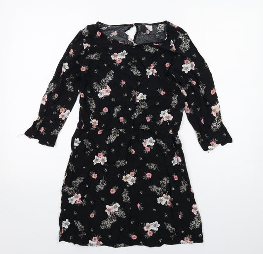 H&M Womens Black Floral Viscose A-Line Size 12 Round Neck Button