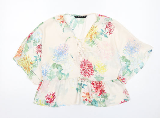Zara Womens Ivory Floral Polyester Basic Blouse Size S V-Neck
