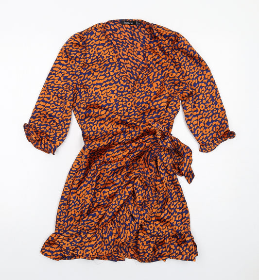 Boohoo Womens Orange Animal Print Polyester Wrap Dress Size 4 V-Neck Tie - Leopard pattern