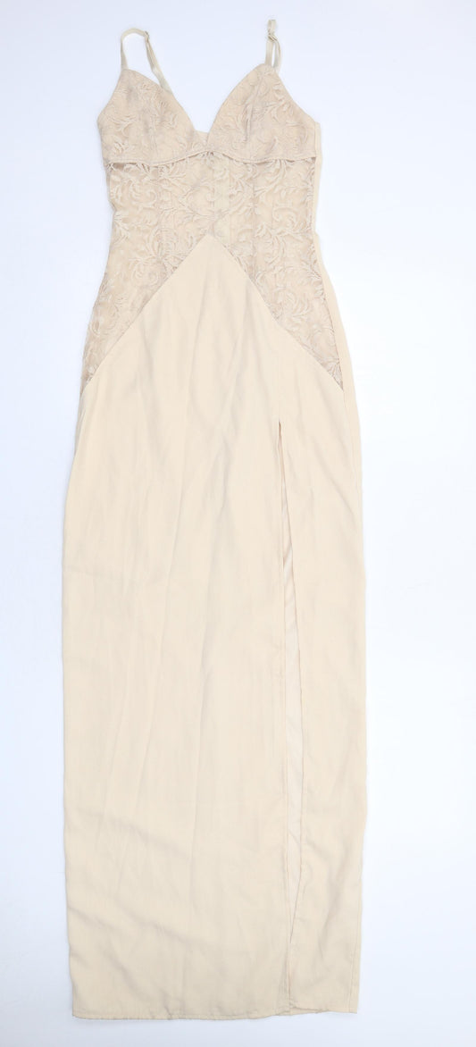 PRETTYLITTLETHING Womens Beige Polyester Maxi Size 6 V-Neck Zip
