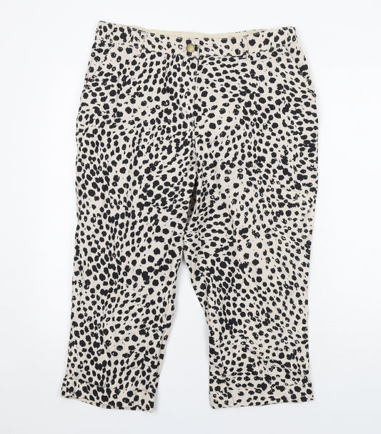 Bonmarché Womens Ivory Animal Print Cotton Cropped Trousers Size 14 Regular Zip - Cheetah pattern