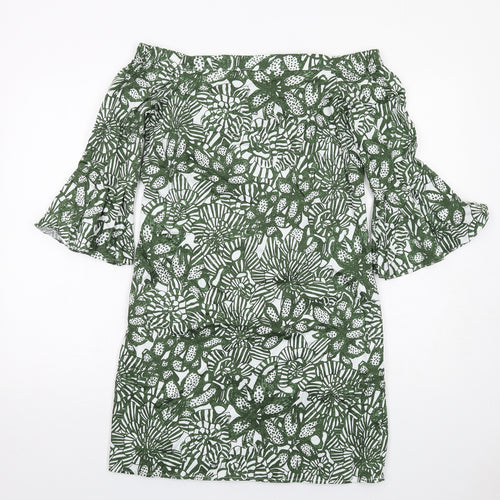 H&M Womens Green Floral Cotton A-Line Size 8 Off the Shoulder Pullover