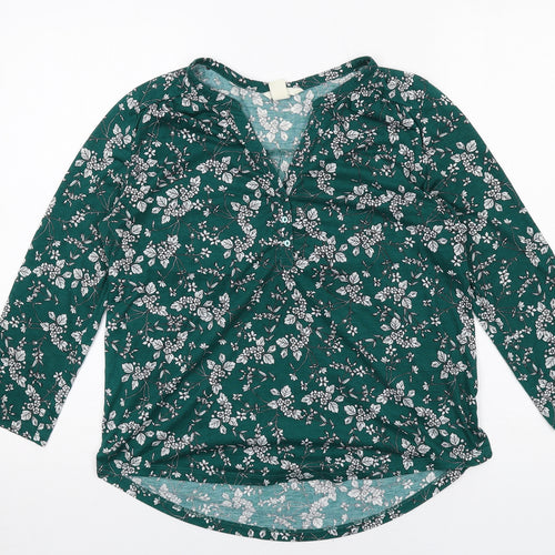 H&M Womens Green Floral Polyester Basic Blouse Size S V-Neck