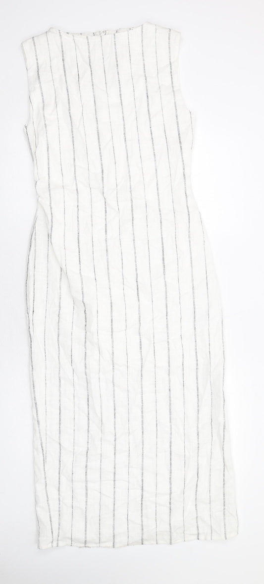 Marks and Spencer Womens White Striped Linen Shift Size 8 Boat Neck Zip
