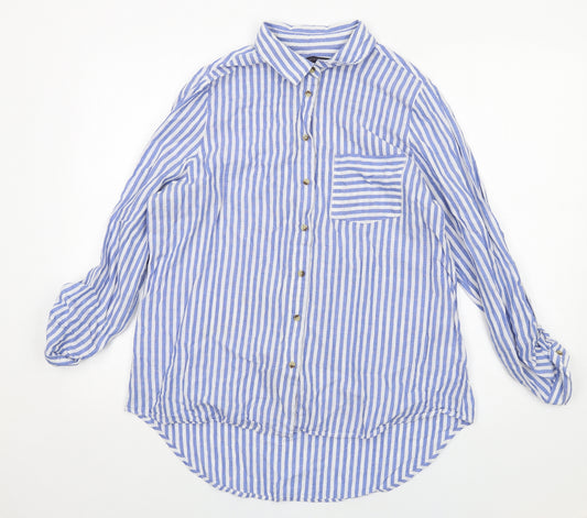 Marks and Spencer Womens Blue Striped Cotton Basic Button-Up Size 16 Collared