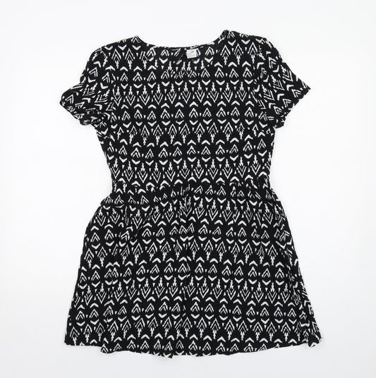 H&M Womens Black Geometric Viscose A-Line Size 8 Round Neck Pullover