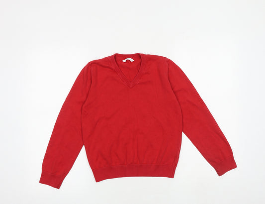 Marks and Spencer Girls Red V-Neck 100% Cotton Pullover Jumper Size 9-10 Years Pullover