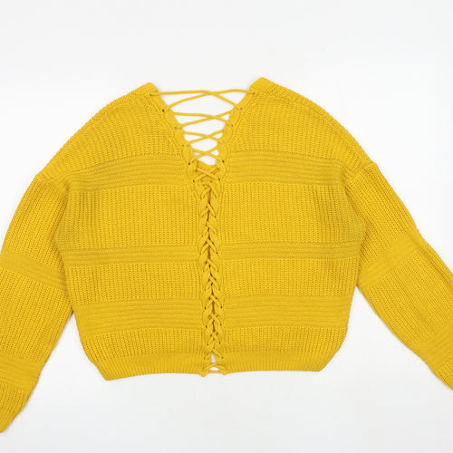 Miss Selfridge Womens Yellow V-Neck Acrylic Pullover Jumper Size 8