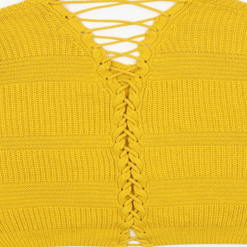 Miss Selfridge Womens Yellow V-Neck Acrylic Pullover Jumper Size 8