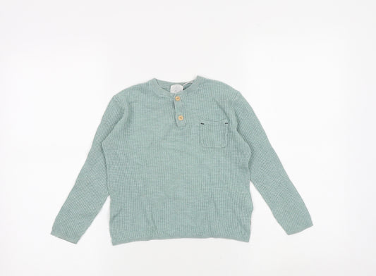 Zara Girls Green Round Neck 100% Cotton Pullover Jumper Size 4-5 Years Button