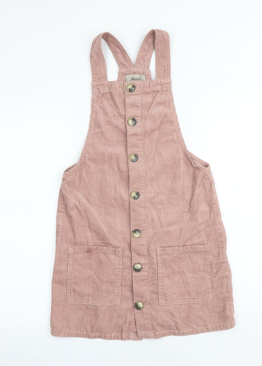 Denim & Co. Womens Pink 100% Cotton Pinafore/Dungaree Dress Size 6 Square Neck Button