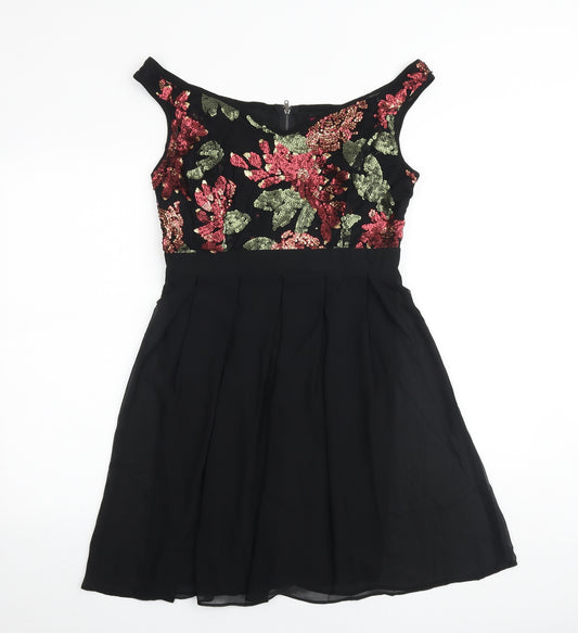 Missi Womens Black Floral Polyester Fit & Flare Size 12 V-Neck Zip
