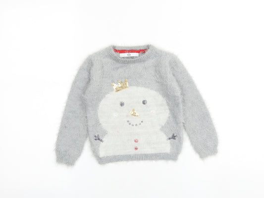 Marks and Spencer Girls Grey Round Neck Acrylic Pullover Jumper Size 2-3 Years Pullover - Snowman