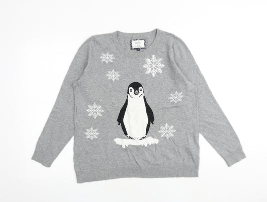 Maine Womens Grey Round Neck Cotton Pullover Jumper Size 14 - Penguin Christmas