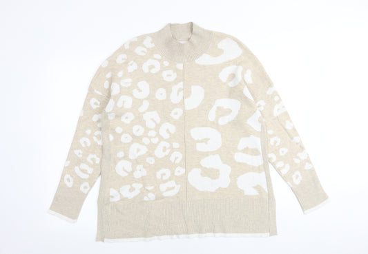 Mud Flowers Womens Beige High Neck Animal Print 100% Cotton Pullover Jumper Size M - Leopard Print