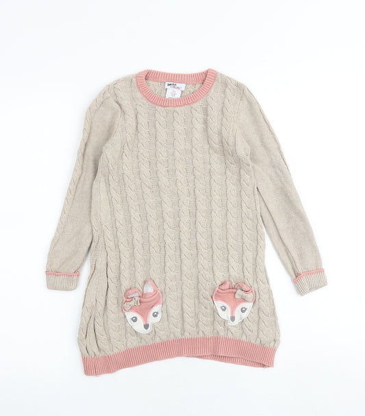 Bapster & Mimi Girls Brown 100% Cotton Jumper Dress Size 6 Years Round Neck Pullover - Foxes