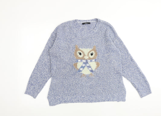 Bonmarché Womens Blue Round Neck Acrylic Pullover Jumper Size S - Owl