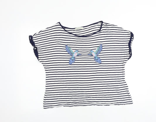 Oasis Womens White Striped Polyester Basic T-Shirt Size XL Round Neck - Bird