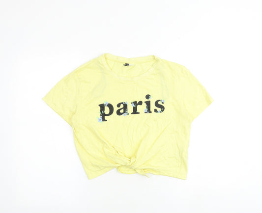 H&M Womens Yellow 100% Cotton Basic T-Shirt Size M Round Neck - Paris Knot Front