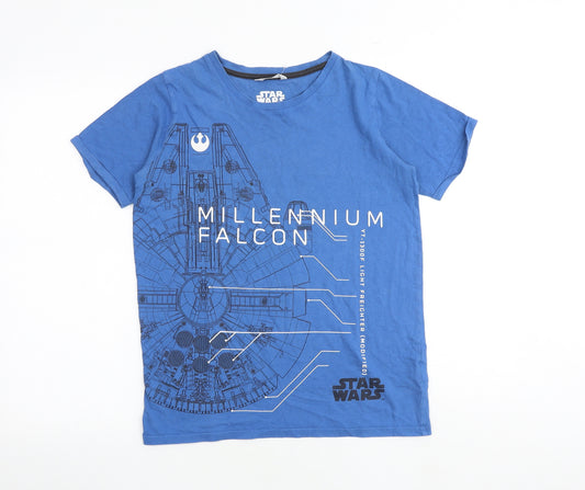 Marks and Spencer Boys Blue Cotton Basic T-Shirt Size 13-14 Years Round Neck Pullover - Millennium Falcon