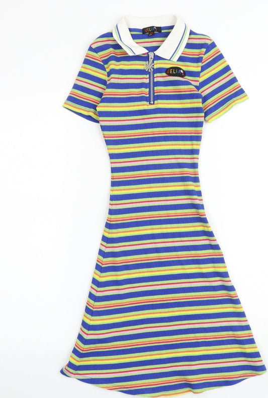 dELiA*s Womens Multicoloured Striped Cotton Fit & Flare Size XS Collared Zip