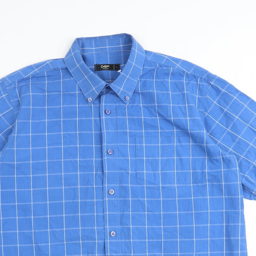 Cotton Traders Mens Blue Plaid Cotton Button-Up Size L Collared Button