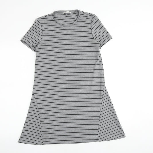 Zara Womens Grey Striped Polyester T-Shirt Dress Size S Round Neck Pullover