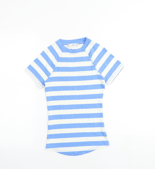 Mango Womens Blue Striped Viscose Basic T-Shirt Size XS Crew Neck