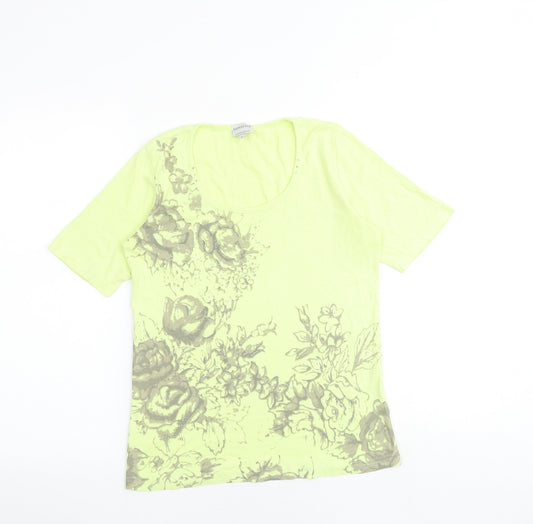 Signature Experience Womens Yellow Floral 100% Cotton Basic T-Shirt Size S Scoop Neck