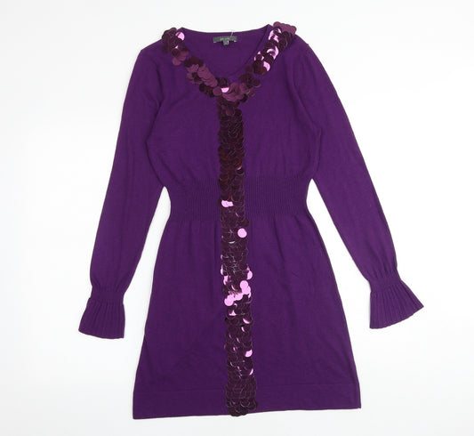 Per Una Womens Purple Polyester Jumper Dress Size 10 V-Neck Pullover