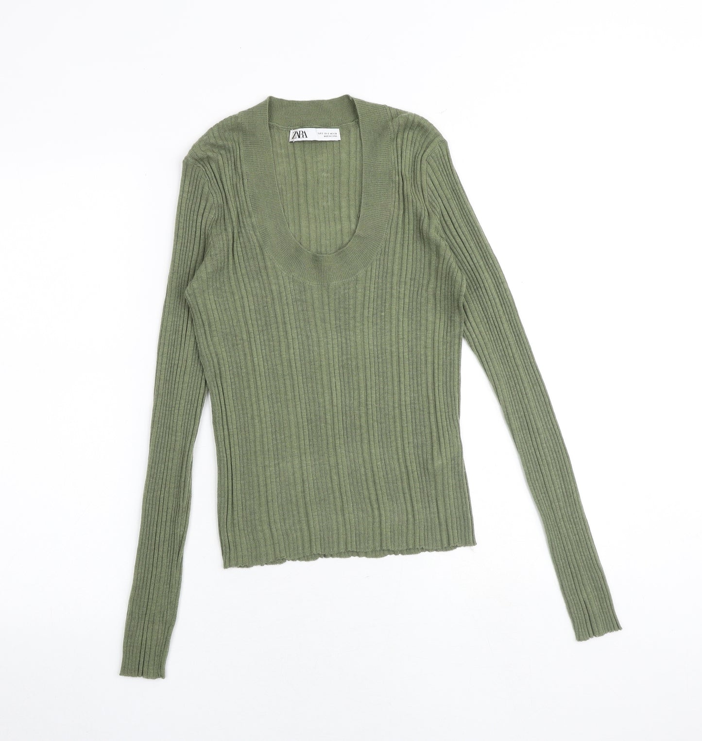 Zara Womens Green Scoop Neck Nylon Pullover Jumper Size S Pullover - Ribbed