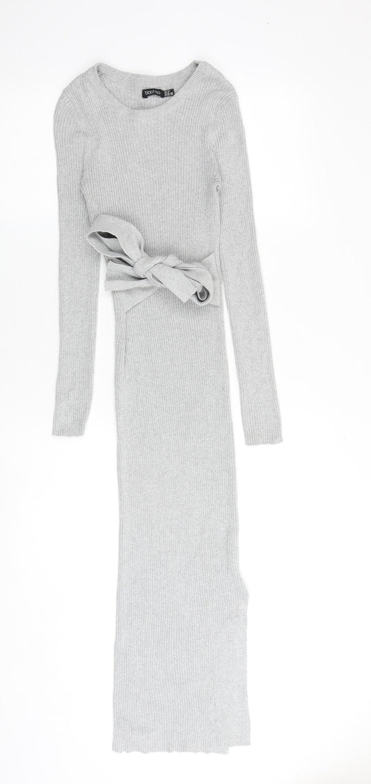 Boohoo Womens Grey Polyester Jumper Dress Size 12 Round Neck Tie