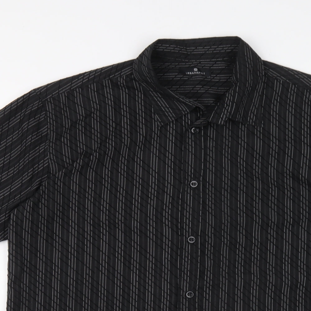 UrbanSpirit Mens Black Striped Polyester Button-Up Size L Collared Button
