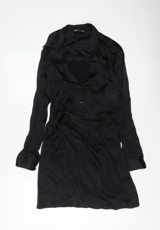 Zara Womens Black Viscose Shirt Dress Size S Collared Button