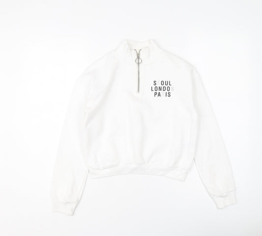 H&M Girls White Cotton Pullover Sweatshirt Size 11-12 Years Zip - Seoul London Paris