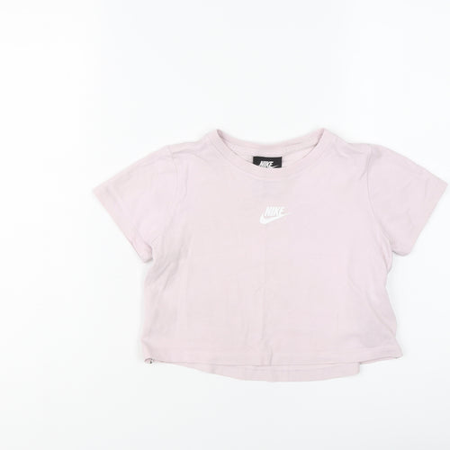 Nike Girls Purple Cotton Cropped T-Shirt Size 8-9 Years Round Neck Pullover