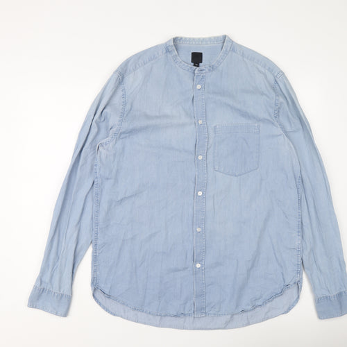 H&M Mens Blue Cotton Button-Up Size L Round Neck Button
