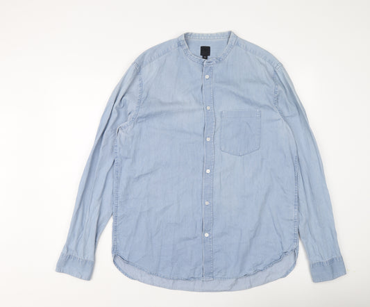 H&M Mens Blue Cotton Button-Up Size L Round Neck Button
