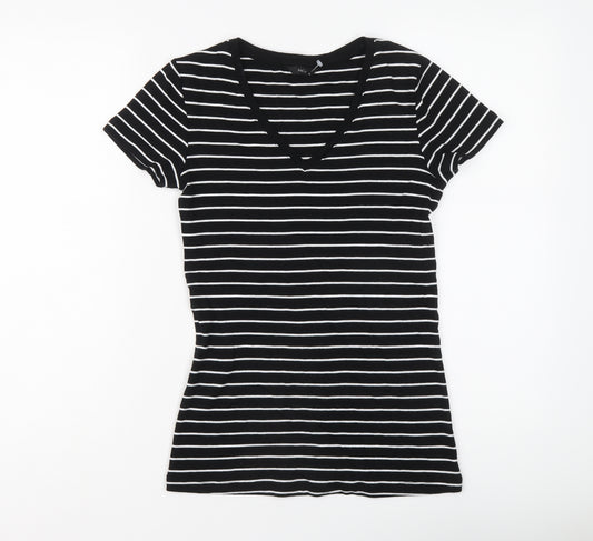 M&Co Womens Black Striped Cotton Basic T-Shirt Size 10 V-Neck
